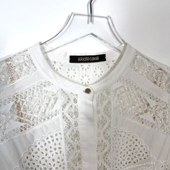 Roberto Cavalli Women's Size 2 White Eyelet Lace Embroidered 3/4 Sleeve Dress - Picture 3 of 14